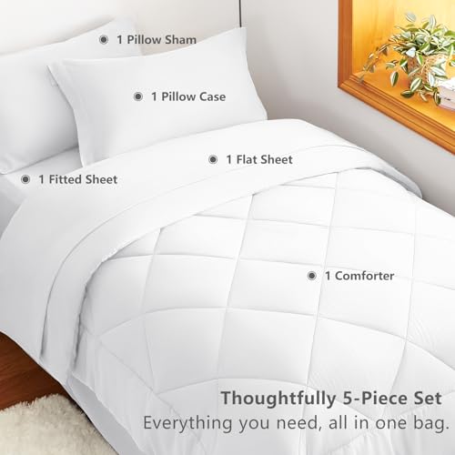 CozyLux Twin Comforter Set with Sheets White - 5 Pieces Bed in a Bag Twin, All Season Bed Set for Girls and Boys, Bedding Set with Down Alternative Comforter, Sheets, Pillowcase & Sham CozyLux