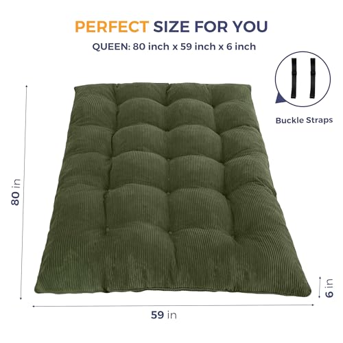 MAXYOYO 6" Japanese Floor Mattress, Foldable Futon Mattress Queen Size, Tufted Roll Up Floor Bed, Thick Tatami Mat Sleeping Pad Portable Lounger for Camping Guest Room Dormitory Bedroom RV, Dark Green MAXYOYO