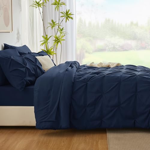 CozyLux Twin XL Comforter Set Navy Blue, 5 Pieces Twin Extra Long Pintuck Bed in A Bag for College Dorm, Pinch Pleat Bedding Set with Comforter, Sheets, Pillowcase & Sham CozyLux