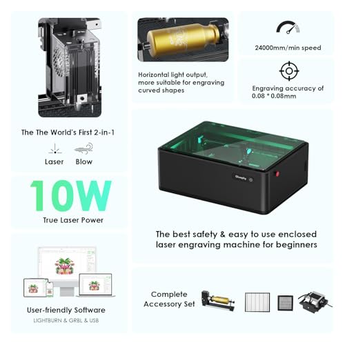 Gluwphy 10w Laser Engraver 8-in-1 Enclosure Class 1 Laser Engraver and Cutter Machine,Built-in Smoke Filtering System with Air Assist and Honeycomb Gluwphy