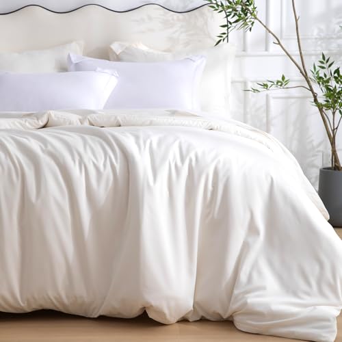 SheRest 1 Piece Duvet Cover Twin Size - 100% Viscose Derived from Bamboo, Soft Breathable Cooling Comforter Cover for Hot Sleepers, 8 Corner Ties and Zipper Closure, No Comforter, Light Beige, 68"x90" SheRest