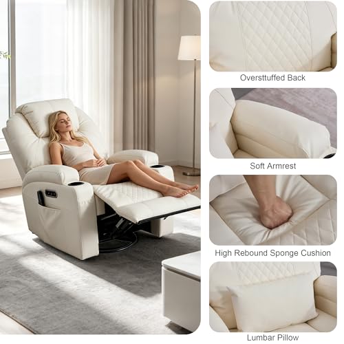 AHMED Rocking Recliner Nursery Chair, Dual Motor Power Swivel Glider Recliner with Heat & Massage, Nursery Recliner Chair with USB A/C Ports, Cup Holders & LED Light for Living Room & Bedroom, Beige