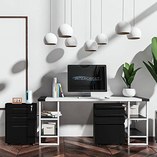 INTERGREAT 3 Drawer File Cabinet, Metal Filling Cabinet with Lock, Locking Office Mobile Cabinet with Wheels for Legal/Letter Size, Under Desk, Black INTERGREAT