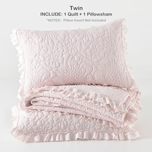 HORIMOTE HOME Pink Ruffled Quilt Twin Size, Stone-Washed Microfiber Lightweight Crinkled Farmhouse Rustic Shabby Chic Bedding Set, 2 Pieces Reversible Bedspread with Pillow Sham for All Season HORIMOTE HOME