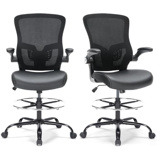 Drafting Chair, Tall Office Chair with PU Leather Seat, Ergonomic Standing Desk Chair with Lumbar Support Counter Height Office Chair with Adjustable Footrest Ring Flip-up Armrests Bondesin