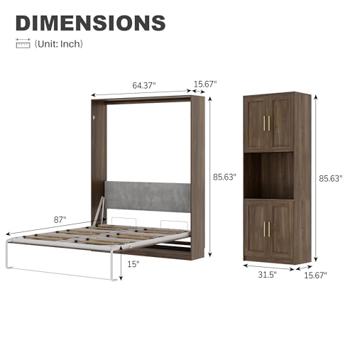 Jiaoun Queen Murphy Bed,Farmhouse Guest Beds,Folding Wall Bed with Hydraulic Bar,64" W Twin Murphy Beds with 2 Cabinet for Small Spaces/Offices/Apartments/Guest Room,Brown Jiaoun