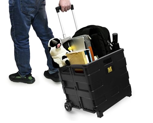 MaxWorks 50919 Collapsible Black Rolling Folding Dolly Grocery Cart - Multi-Functional Teacher Dolly with Extra Storage, Durable Wheels, and Easy-to-Fold Design for Classroom, Office, Shopping MaxWorks