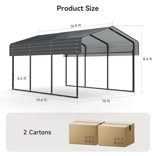 10x15FT Heavy Duty Metal Carport Canopy with Galvanized Steel Roof, Multi-Use Shelter Outdoor Garage for Car, Boat, Party,Gray PURARELAX