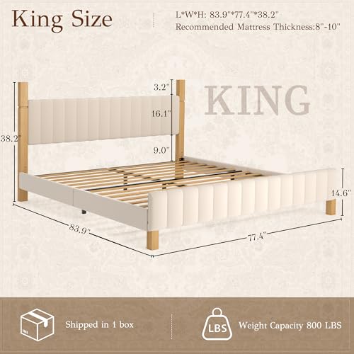 Yechen King Size Bed Frame, Wood Bed Frame with Upholstered Headboard, Solid Wood Posts and Feet, No Box Spring Needed, Beige Linen Yechen