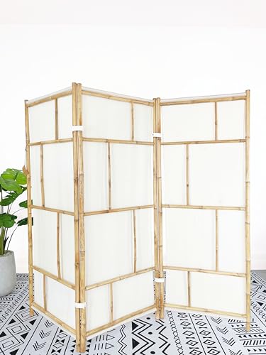 Handcrafted Bamboo 3 Panel Folding Room Divider Privacy Screen, Freestanding 6 Feet Tall Decorative Room Separator, Ecru 100% Cotton Fabric Statra