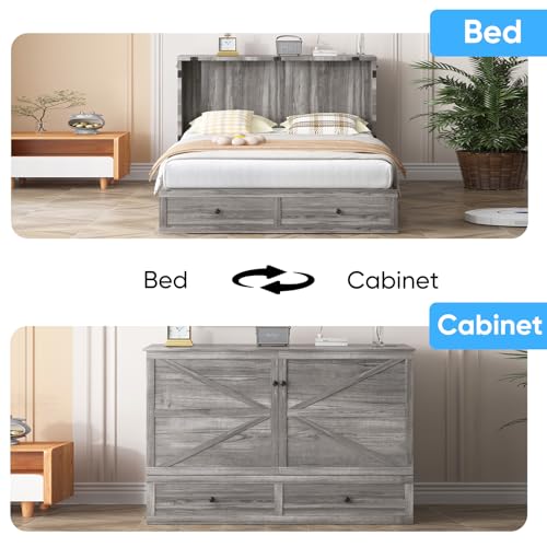 Mjkone Murphy Bed, Cabinet Murphy Bed with Tri-Fold Memory Foam Mattress, Farmhouse Wooden Cabinet Beds with USB Charging Station and 2 Storage Drawers for Bedroom/Office/Guest Room-Gray, Queen Mjkone