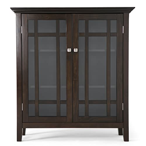 SIMPLIHOME Bedford SOLID WOOD 39 inch Wide Rustic Medium Storage Cabinet in Dark Tobacco Brown, with 2 Tempered Glass Doors, 4 Adjustable Shelves SIMPLIHOME