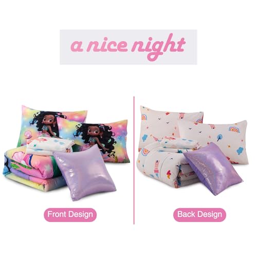 A Nice Night 6pcs Comforter Set,Black Girl Princess Mermaid with Green Tail Printed,Pink Gradient Glitter Rainbow Background Kids Bedding Set,Twin A Nice Night