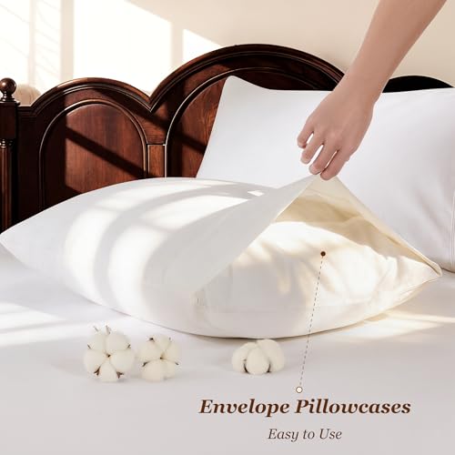 LBRO2M 100% Cotton Sheets Set Deep Pocket 19", 1000 Thread Count Queen Size 4 Piece Bed Sheet Sets Soft Comfortable Bedding All Season (Queen, White) LBRO2M