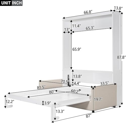 Virubi Queen Murphy Bed with Couch,Wood Folding Murphy Wall Bed Cabinet with Sofa (White,Queen) Virubi