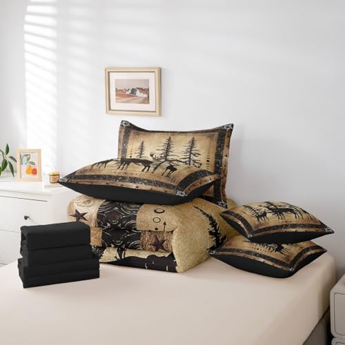 Erosebridal Rustic Deer Comforter Set 7 Piece Farmhouse Cabin Bed in A Bag King Western Woodland Wildlife Bedding Comforter Sets for Kids Boys Adults Men Black Retro Country Animal Bed Set Erosebridal