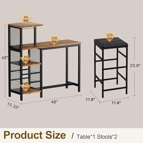 VECELO Bar Table and Chairs Set for 2, 3-Piece Dining Set with Storage Shelves, Cup Holder & Wine Rack, PU Leather Cushion Stools, for Kitchen Small Space, Brown VECELO