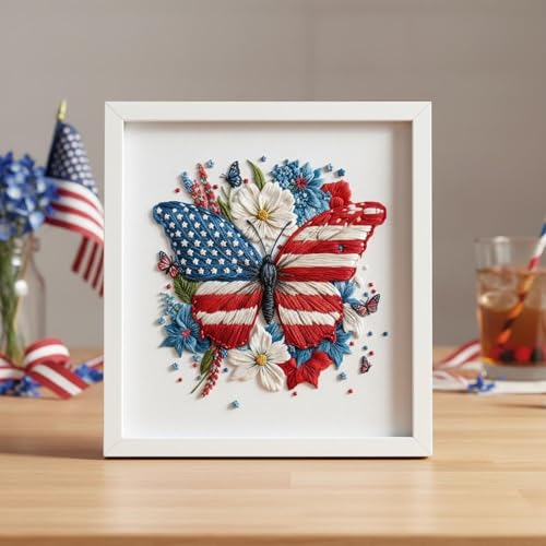 ARTopet Embroidery Kit for Beginners Cross Stitch Kits Independence Day Needlepoint Set for Craft Lover Hand Stitch with Threads 7.87in Hoop Fabric-Butterfly
