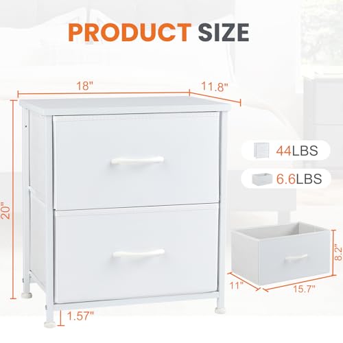 Sweetcrispy Nightstand with 2 Storage Drawers, 20" Height Small Bed Side Furniture End Table, Wooden Top Fabric Cabinet Kids Night Stand Mini Dresser for Bedroom, Closet, Entryway, Dorm, White Sweetcrispy