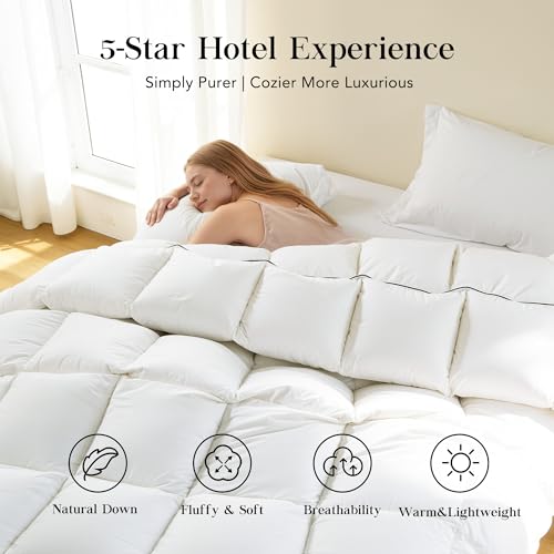 Feather Down Fiber Comforter Queen Size,Premium Ultra-Soft Breathable Comforter High Fill Power White Duvet Insert,All Season Hotel Luxury Bedding Comforters 8 Corner & Center Loops,Baffle Box Design HYVIF