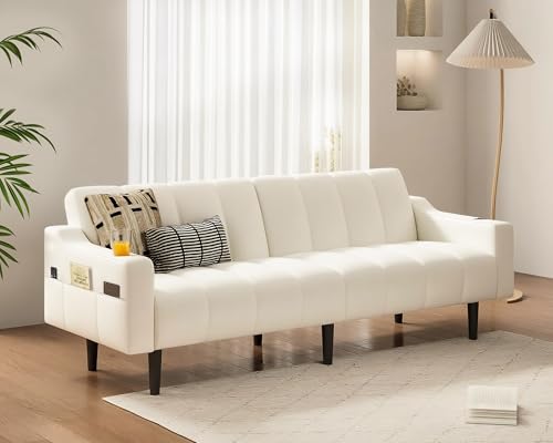 Brelice 80'' Leather Couch, Futon Sofa Bed, Faux Leather Couch with Adjustable Backrest, 2 Cup Holders & Side Pockets, Mid Century Modern Sofa for Living Room, Bedroom, Cream White Brelice