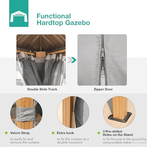 Patiorama 12β x 16β Hardtop Gazebo, Outdoor Wood Grain Frame Aluminum Gazebo with Galvanized Steel Double Vented Roof Canopy, W/Shaded Curtains and Netting, Pergola for Patio, Yard, Garden (Grey) Patiorama
