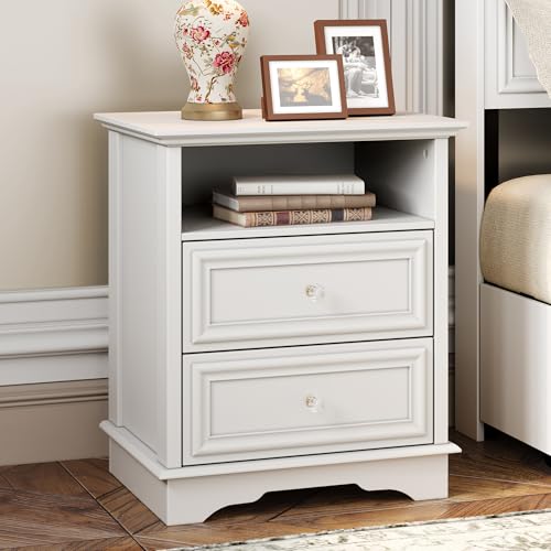 XIAO WEI White Nightstand with Hidden Drawer, 2-Drawer Nightstand with Open Shelf – Sturdy Wood Bedroom End Table with Storage, Modern Furniture for Bedroom Organization XIAO WEI