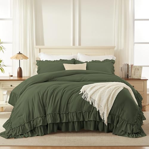 Andency Olive Green Twin Size Comforter Set (66x90Inch), 2 Pieces Fluffy Shabby Chic Ruffle Bedding Comforter Sets, All Season Soft Lightweight Bedding Set for Kids, College Dorm