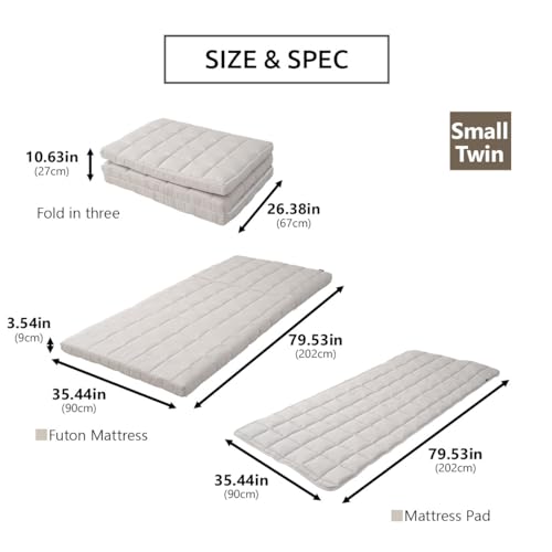 EMOOR Japanese Tri-fold Futon Mattress Machi with Mattress Pad Small-Twin Gray, Gusset Foldable Storable Washable Floor Sleeping Guest Bed Tatami Mat EMOOR