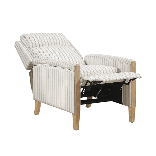 Lexicon Pushback Recliner Chair, Striped Textured Fabric Accent Armchair, Push Back Recliner, Nailhead Trim, Solid Wood Legs, Easy Assembly for Living Room/Office/Apartment, White/Grey Lexicon