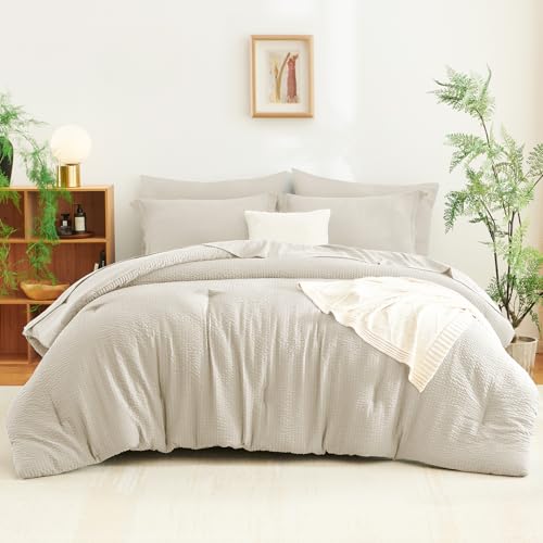 CozyLux Queen Comforter Set Beige - 7 Pieces Striped Seersucker Bed in a Bag, Soft Lightweight Boho Bedding Set with All Season Comforters Queen Size, Sheets, Pillowcases & Shams CozyLux