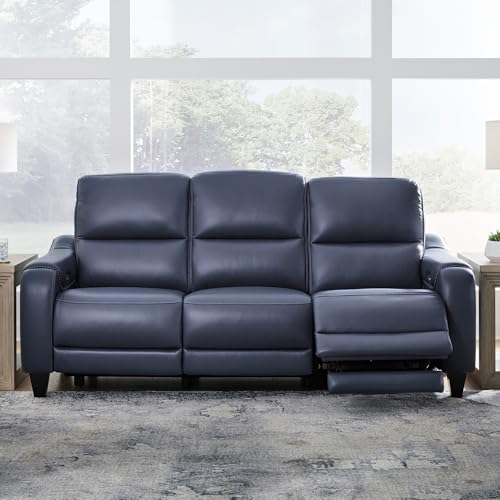 Signature Design by Ashley Mercomatic Contemporary Leather Match Wall Hugger Power Reclining Sofa with Adjustable Headrest and USB Ports, Blue Signature Design by Ashley