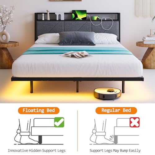 HOMERECOMMEND Full Size Bed Frame with LED Lights and Headboard Storage and Charging Station,Full Floating Bed Frame with Heavy Duty Metal Slats,Easy Assembly, Black and Gray HOMERECOMMEND