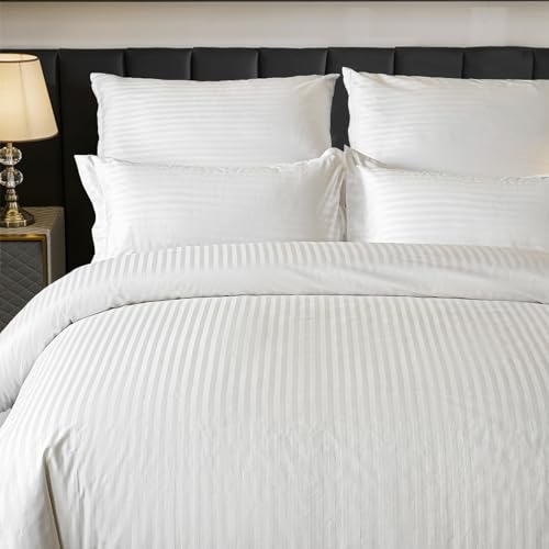 Amolavet Hotel Bedding Duvet Cover King Size Cotton White Satin Pin Striped Textured with Zipper - Duvet Cover King 3 Pcs Set 104x90 - Comforter Cover/Quilt Cover King Size Amolavet