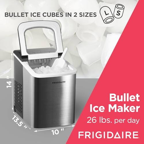 Frigidaire Compact Countertop Ice Maker, Makes 26 Lbs. of Bullet Shaped Ice Cubes Per Day, Silver Stainless Frigidaire