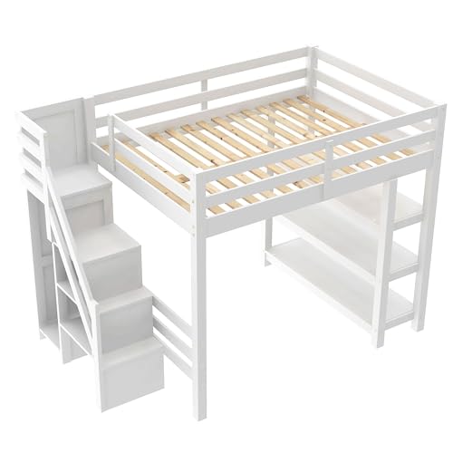 Harper & Bright Designs Full Size Loft Bed with Stairs and LED Lights, Wood Full Loft Bed with Storage Shelves and Wardrobe, Loft Bed Frame with Guardrails for Kids Girls Boys, White Harper & Bright Designs