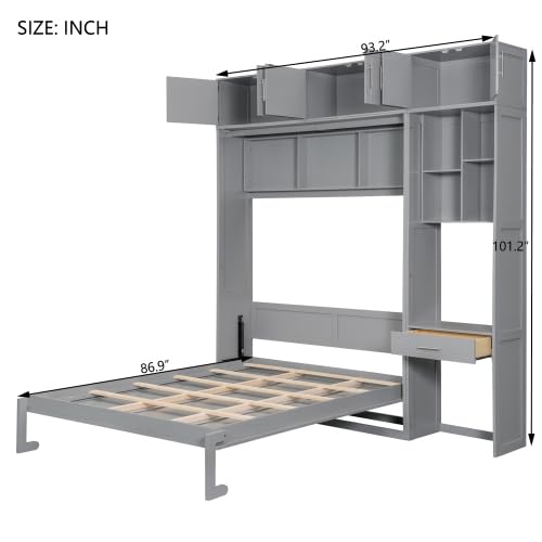 Harper & Bright Designs Queen Size Murphy Bed with Desk, Storage Cabinet & Shelves, Foldable Wooden Wall Bed, Space-Saving, Grey Harper & Bright Designs