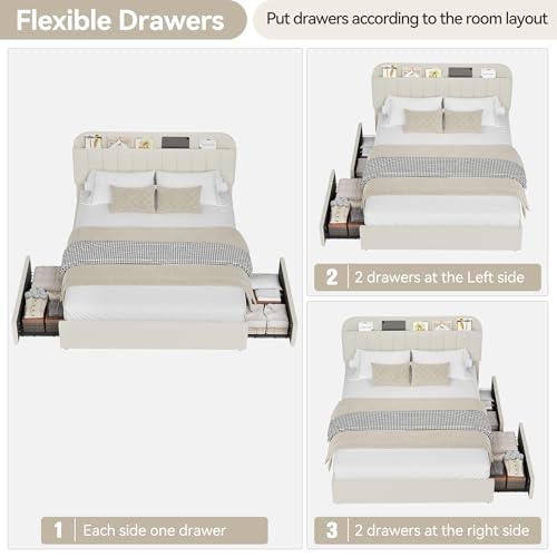 GarveeHome Full Bed Frame with Storage Headboard, Kids Bed Frame with 2 Drawers, Boucle Upholstered Platform Bed with Bookcase, No Box Spring Needed, Easy Assembly, Beige White GarveeHome