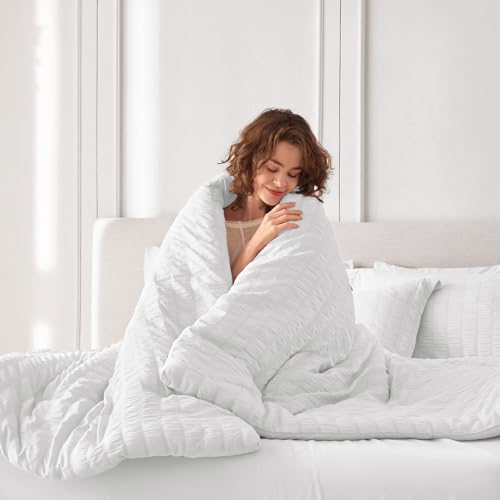 MUXHOMO 7 Pieces Queen Comforter Set, Seersucker Bed in a Bag Queen Size, All Season Luxury Bedding Set with Comforter, Flat Sheet, Fitted Sheet, Pillowcases & Shams, White MUXHOMO