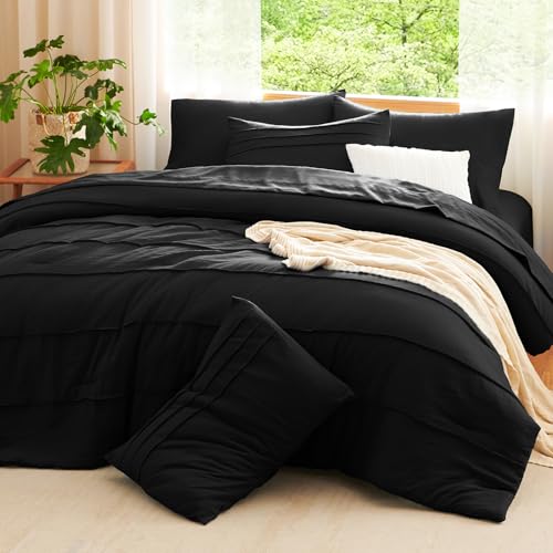 CozyLux Queen Comforter Set Black, 7 Pieces Soft Pinch Pleat Bed in a Bag Queen Comforter Set with Sheets, Boho Bed Set with Down Alternative Comforter, Sheets, Pillowcases & Shams CozyLux