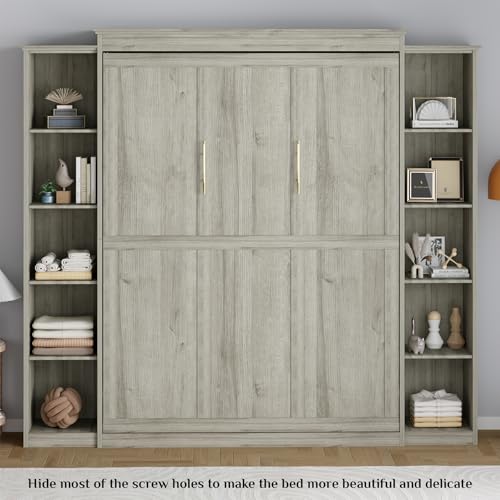 Rophefx Queen Murphy Bed Cabinet with 5-Tier Adjustable Storage Shelves, Queen Wall Bed Cabinet Bed, Wood Space Saving Beds, Foldable Platform Beds, Hidden Bedframe for Guest Room, Bedroom,Grey Rophefx