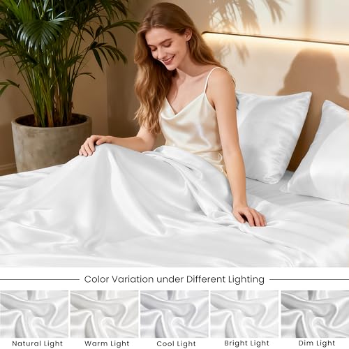 Love's cabin Full Size Satin Sheet Sets - 4 Piece White Silky Satin Sheet Set Full with Deep Pocket, Luxury Silk Feel Satin Bed Sheets Full Bedding Set (1 Flat Sheet,1 Fitted Sheet,2 Pillow Cases) Love's cabin