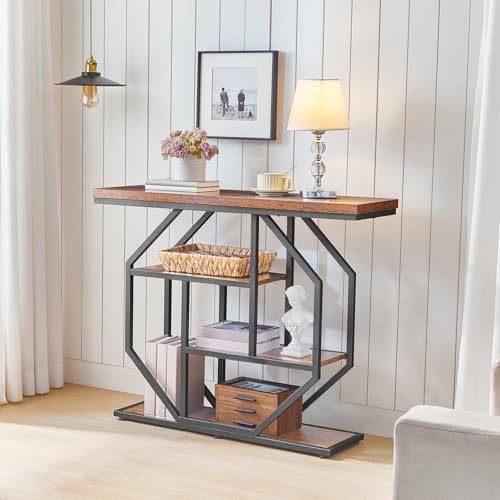 MAHANCRIS Entryway Table, Industrial Console Sofa Table with Storage, Narrow Accent Table for Living Room, Entry, Hallway, Entrance, Foyer, Rustic Brown CTHR28001 MAHANCRIS