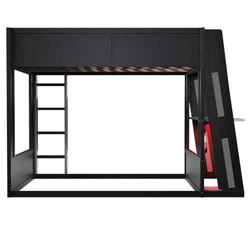 MERITLINE Queen Size Gaming Bunk Bed with Built-in Desk, RGB LED Lights & USB Port, Cable Management System & PC Tower Space, Overhead Storage Shelves, Full-Length Guardrails, Black+Grey MERITLINE