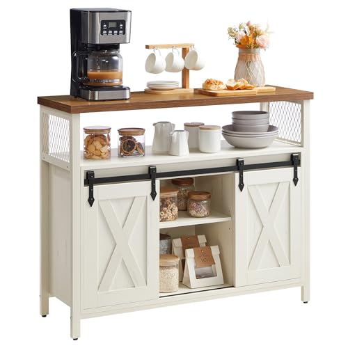 VASAGLE Buffet Cabinet, Coffee Bar Storage Cabinet, Sideboard with 2 Sliding Barn Doors, Adjustable Shelves, 13 x 39.4 x 31.5 Inches, for Living Room, Rustic White and Honey Brown ULSC092W01 VASAGLE