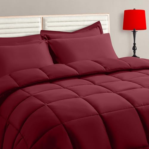 TAIMIT Burgandy King Size Comforter Set - 7 Pieces, Bed in a Bag Bedding Sets with All Season Soft Quilted Warm Fluffy Reversible Comforter,Flat Sheet,Fitted Sheet,2 Pillow Shams,2 Pillowcases TAIMIT