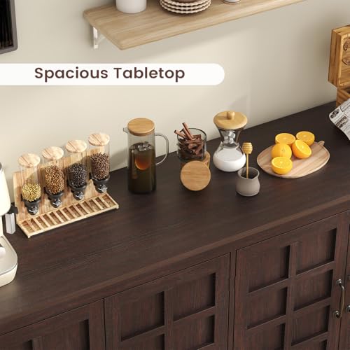 VVFLU 70" Sideboard Buffet Cabinet with Storage, Coffee Bar Cabinet with and 4 Doors, Long Wider Storage Cabinet Modern Farmhouse, Brown Wood, for Kitchen, Dining Room, Living Room VVFLU