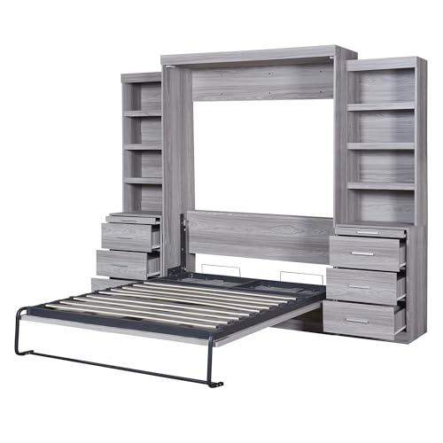 Merax Full Size Murphy Bed with Storage Shelves and Drawers, Full Size Murphy Bed Cabinet, Wood Wall Hidden Beds for Teens or Adults, No Box Spring Needed, Gray Merax