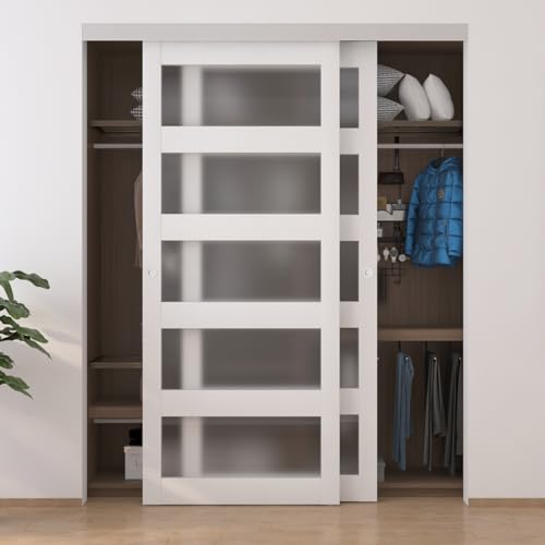 BARNSMITH 32in x 80in Glass Barn Door Slab,5-Panel Frosted Glass Solid Wood Slab with Water-Proof PVC Surface,No Pre-drilled Holes,Door Panel Only,White BARNSMITH