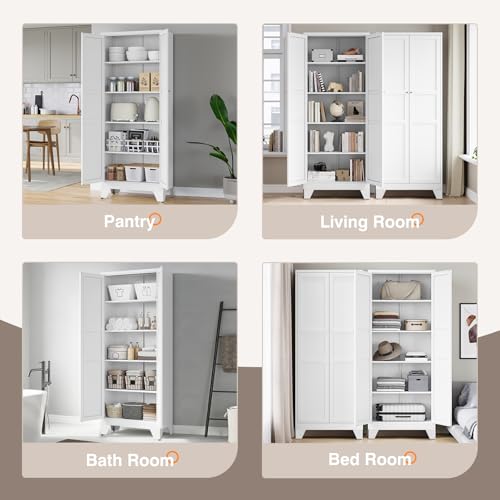 Yizosh Metal Pantry Cabinet, 75" Kitchen Pantry with 2 Door and 4 Adjustable Shelves,White Metal Pantry Storage Cabinet,Cupboard for Kitchen,Dining Room,Living Room and Bathroom Yizosh